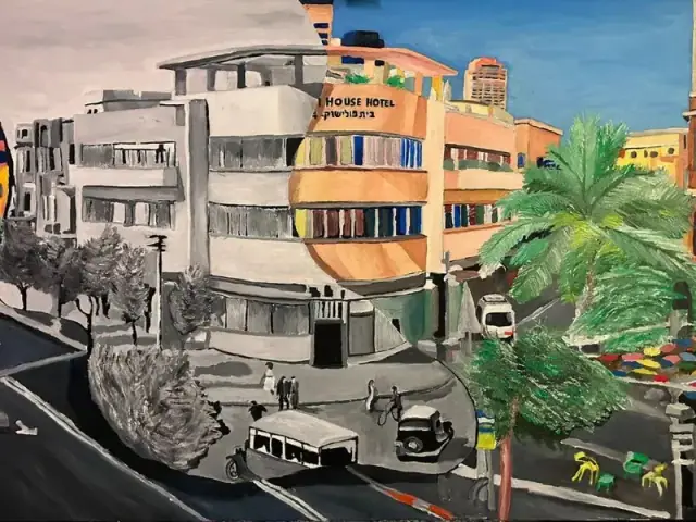An oil cityscape of the Allenby and Nachalat Binyamin corner in Tel Aviv, the Beit Polishook building split down the middle between grey historical tones and warm present-day colour, with vintage cars, a palm tree and a renovated hotel.