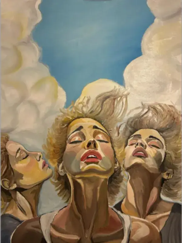An oil painting of three women merged together, heads tilted back and mouths half open as if gasping for air, their eyes closed, against a soft blue sky with white clouds.