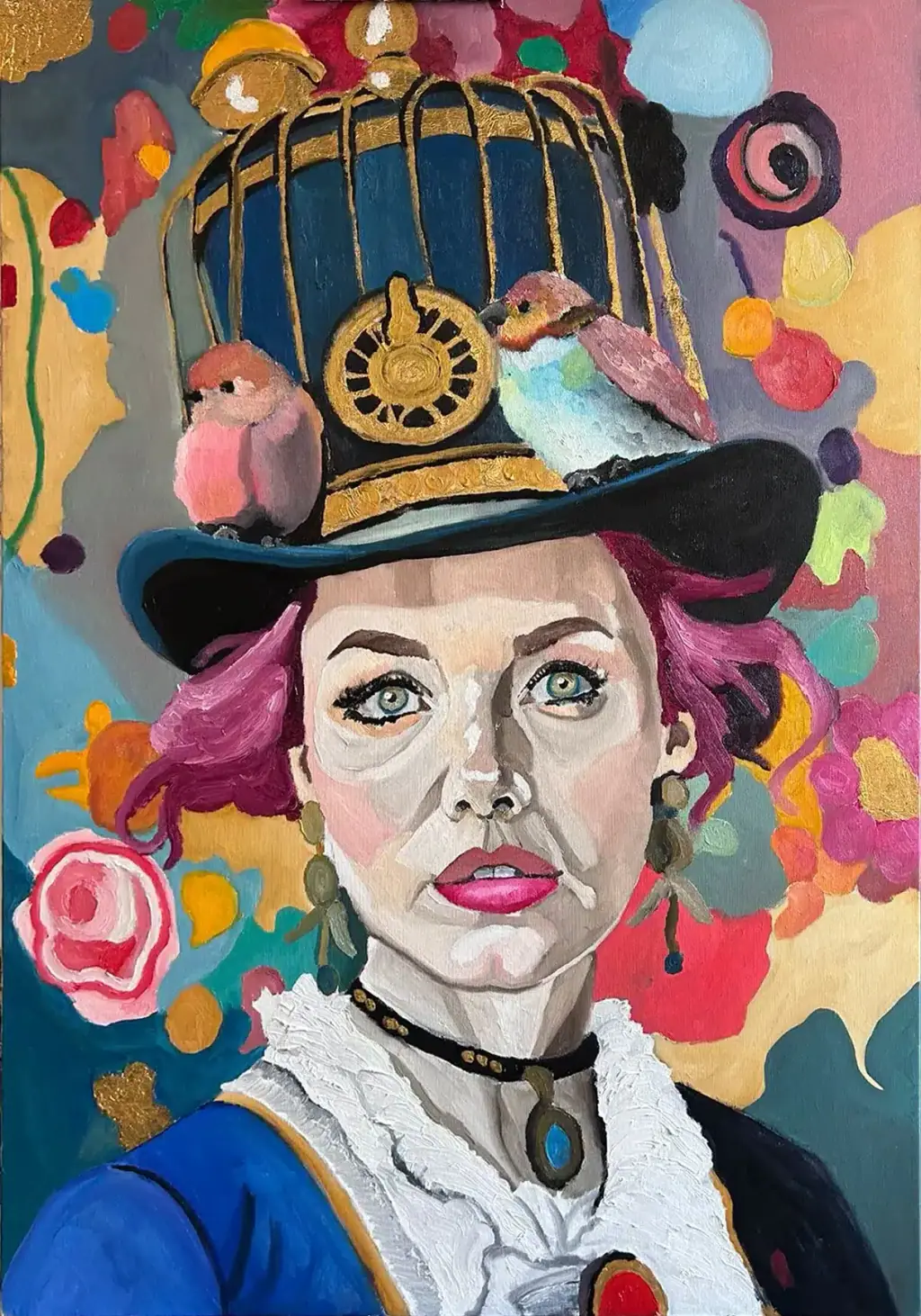 A surreal oil portrait of a young woman whose ornate hat is a gilded birdcage holding small pink and blue birds, a stopped golden clock at its centre, her large green-blue eyes wide, against an explosion of vivid abstract colour.