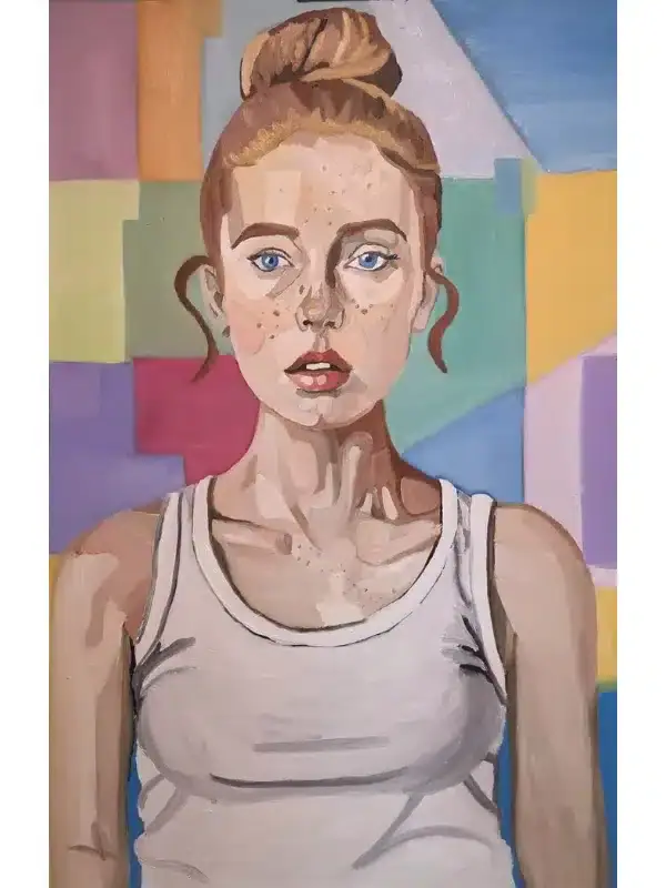 An oil painting of a human figure partly obscured by horizontal bands and geometric lines that slice across the canvas, breaking the body into layered fragments in warm and cool tones.