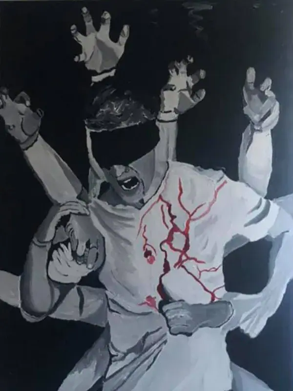 A monochrome oil painting of a figure with a black cloth over the eyes and mouth open in a silent scream, grey hands reaching in from a black void, red crack-like arteries spreading across the white shirt on the chest.
