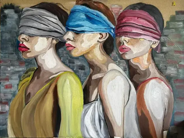An oil painting of three women in profile against a grey background, their eyes bound by grey, blue and burgundy cloths, the first in a yellow dress, with a small yellow hostage ribbon in the upper corner.