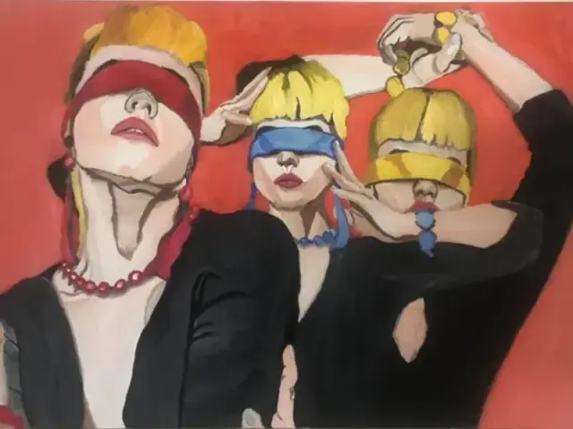 An expressive oil painting of three elegant women dressed in black against a flat red background, their eyes bound by blindfolds in primary red, blue and yellow, their hands raised in gestures between dance and defence.