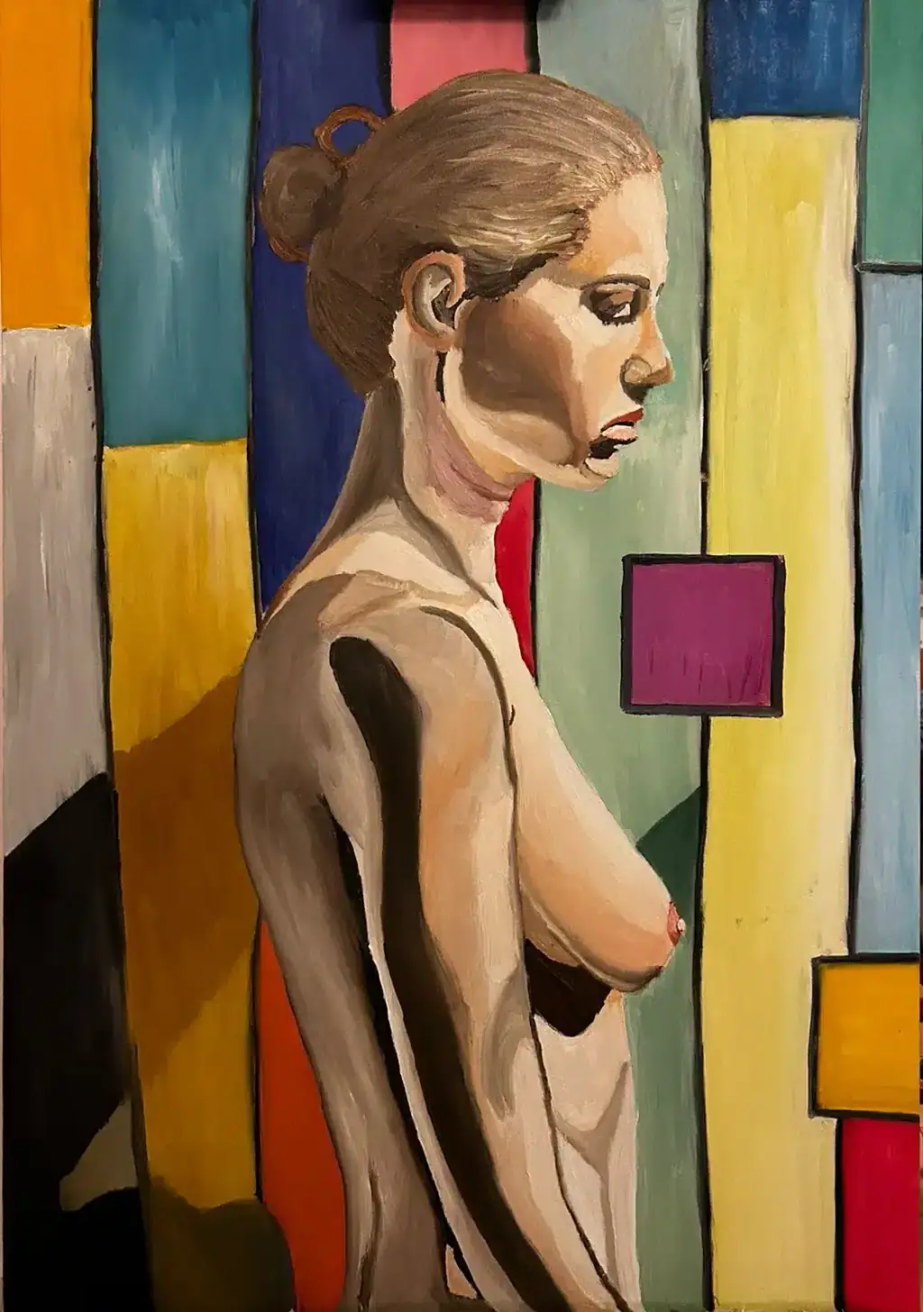 An oil painting of a nude woman in profile, her softly modelled body in warm shadowed tones set against a background grid of bright vertical stripes and geometric shapes in yellow, blue, purple and red, her gaze turned downward.