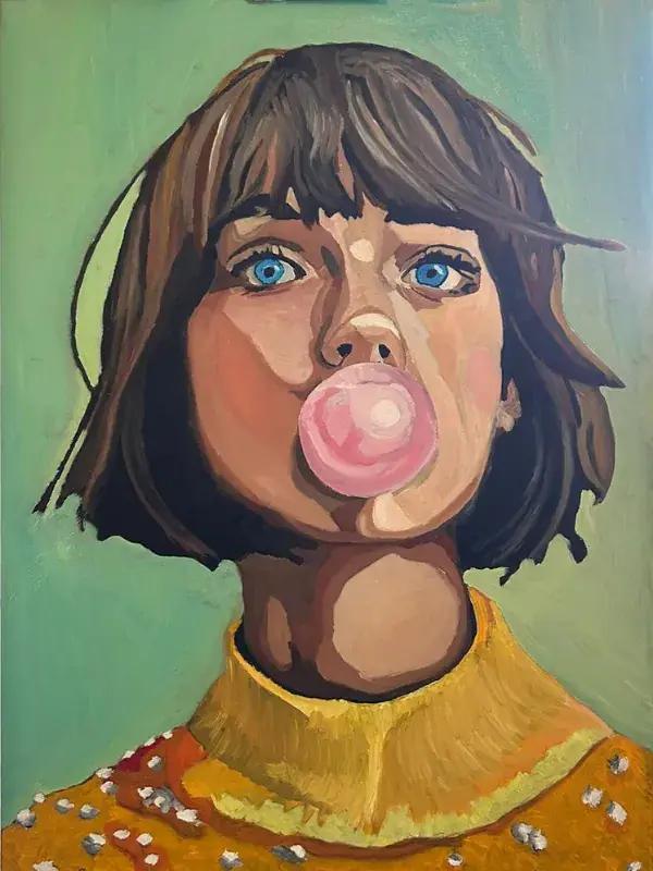 A pop-art oil portrait of a young woman in a mustard sweater blowing a large pink bubble of gum, her clear blue eyes wide and alert, against a soft mint-green background.