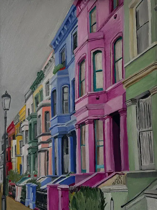 An oil cityscape of a row of pastel-coloured Notting Hill houses in London — pink, blue, green and yellow — standing bright against a heavy grey sky.