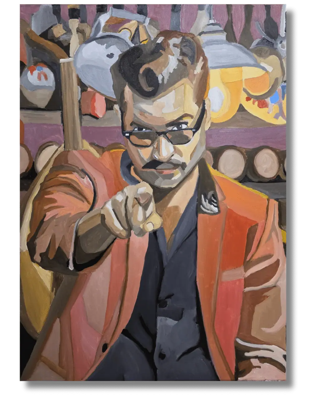 An expressive oil portrait of a male musician rendered in vivid, high-key colours, his features shifting between realistic detail and abstract brushstrokes that suggest movement, sound and energy.