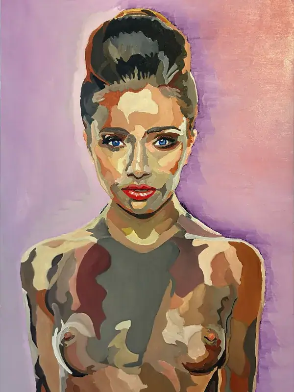 An artistic oil nude of a woman standing upright, her body sculpted from rich blocks of brown, ochre and grey against a soft lilac background, her blue eyes meeting the viewer with calm directness.