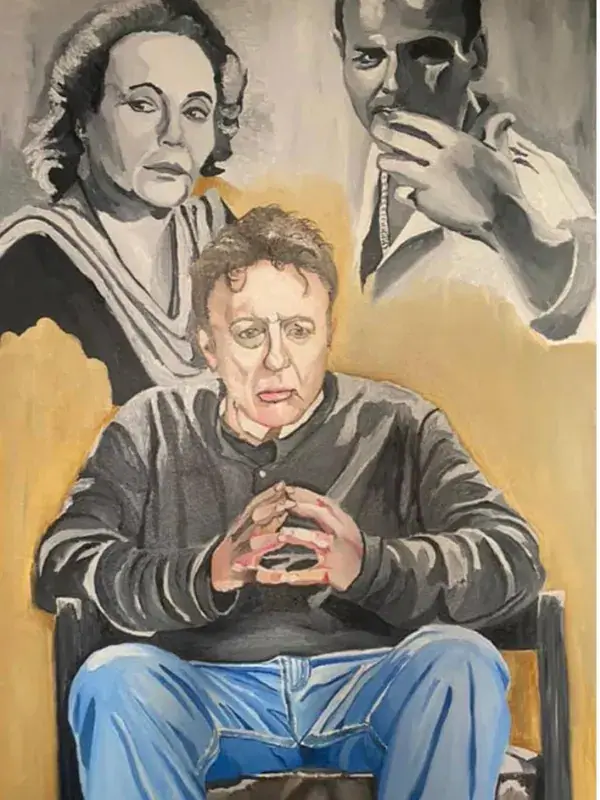A large dual oil portrait of the Israeli screen legends Assi Dayan and Gila Almagor, their faces built from layered patches of warm and cool colour, one gazing outward and the other turned inward.