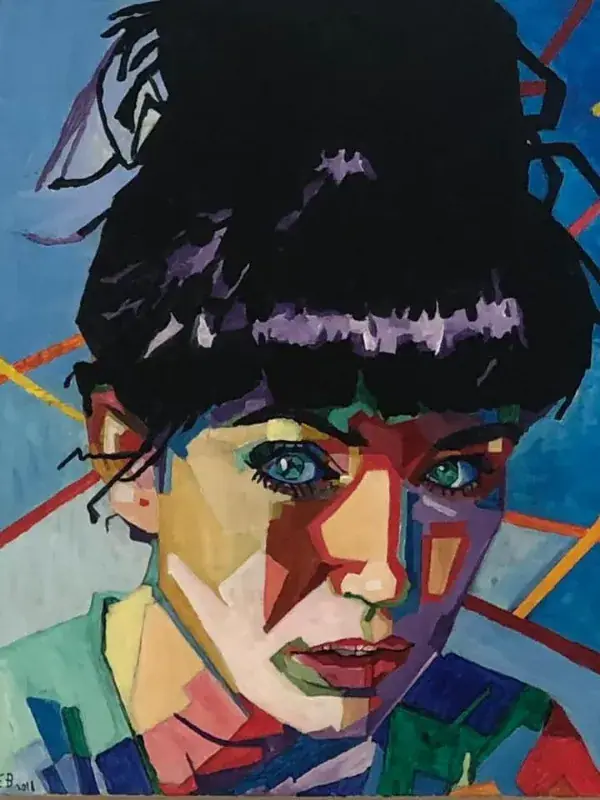 A geometric oil portrait of a woman whose face is broken into blocks of ochre, purple, green and red, half in warm light and half in cool shadow, her blue-green eyes calm at the centre, diagonal red lines crossing a blue background.