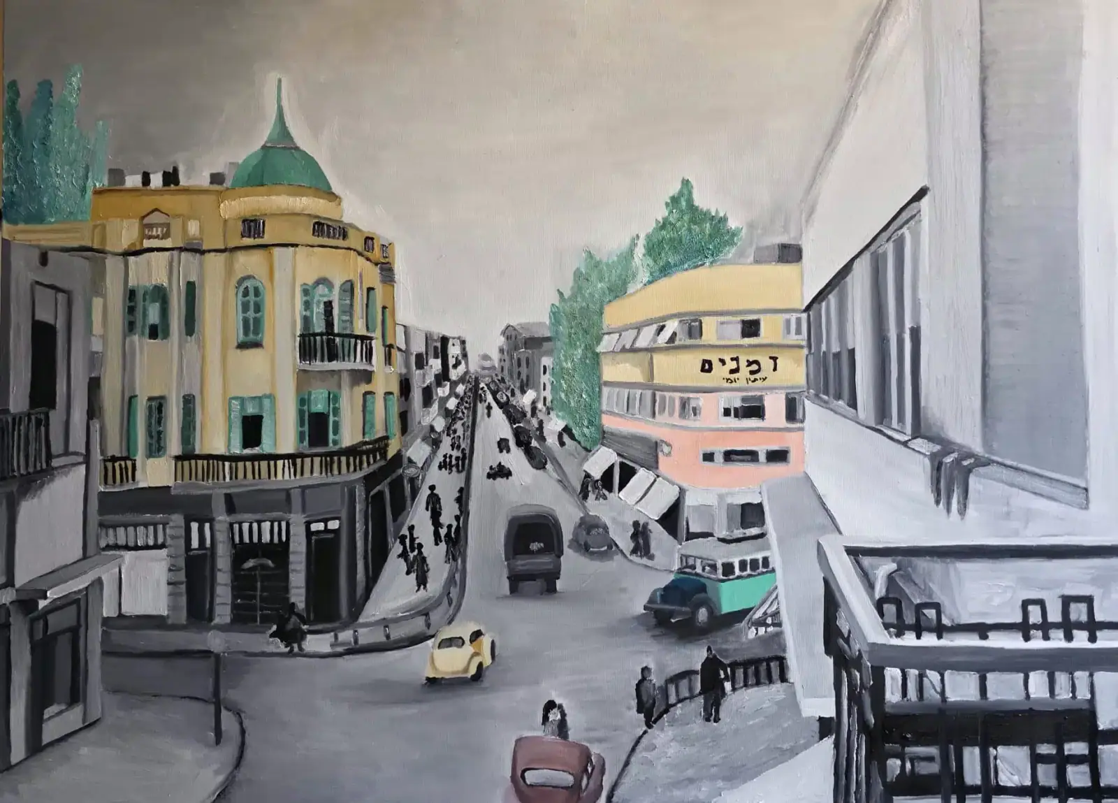 An oil cityscape of Nachalat Binyamin street in Tel Aviv under a grey winter sky, with muted buildings and pavement and warmer golden light glowing along the storefronts, figures moving in the distance.