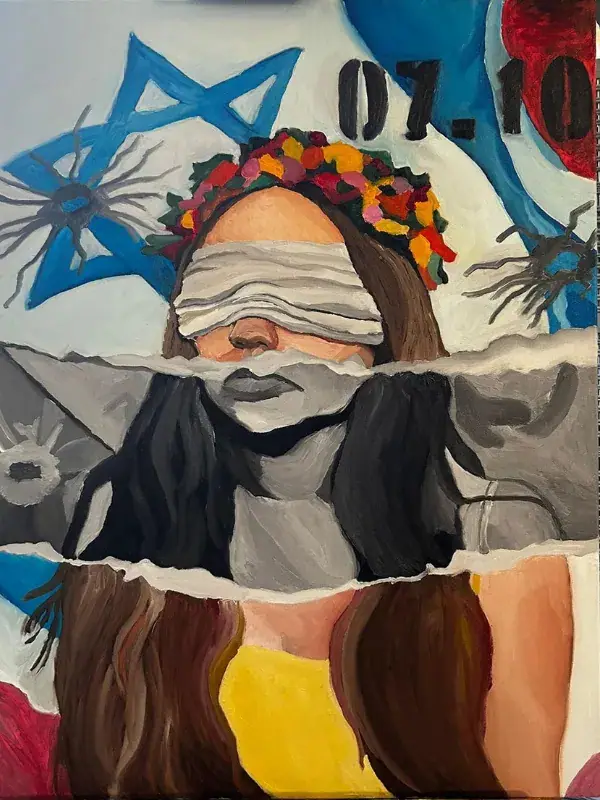 An oil painting of a woman wearing a bright wreath of flowers on her head, her eyes bound by a heavy white cloth. The vivid colours of the flowers contrast with a muted, grief-toned background.