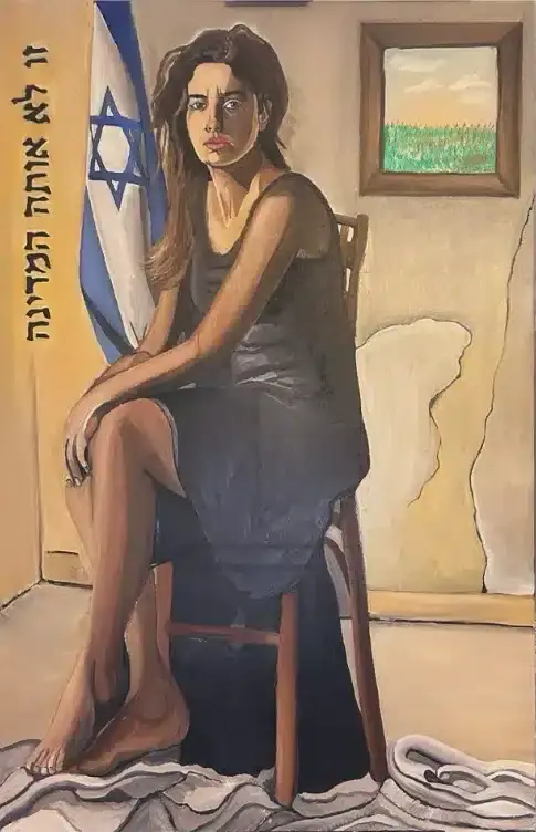 An oil painting of a barefoot woman dressed in black standing before a broken, cracked wall, with the Israeli flag behind her. The mood is sombre, the surface textured with visible cracks and muted colour.