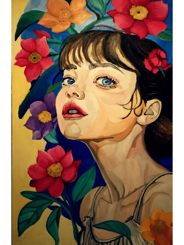 An oil painting of a young woman with dark bob-cut hair and a straight fringe, her head tilted back and blue eyes gazing upward, red lips slightly parted. Vivid flowers in pink, blue and yellow surround her head and blend into her hair against a soft luminous background.