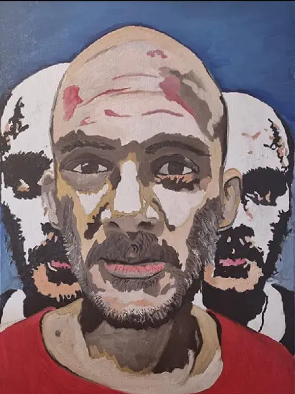 A psychological self-portrait in oil: a man in a red shirt at the centre, his face built from blocks of colour, with two black-and-white versions of himself standing behind him like shadows, against a deep blue background.