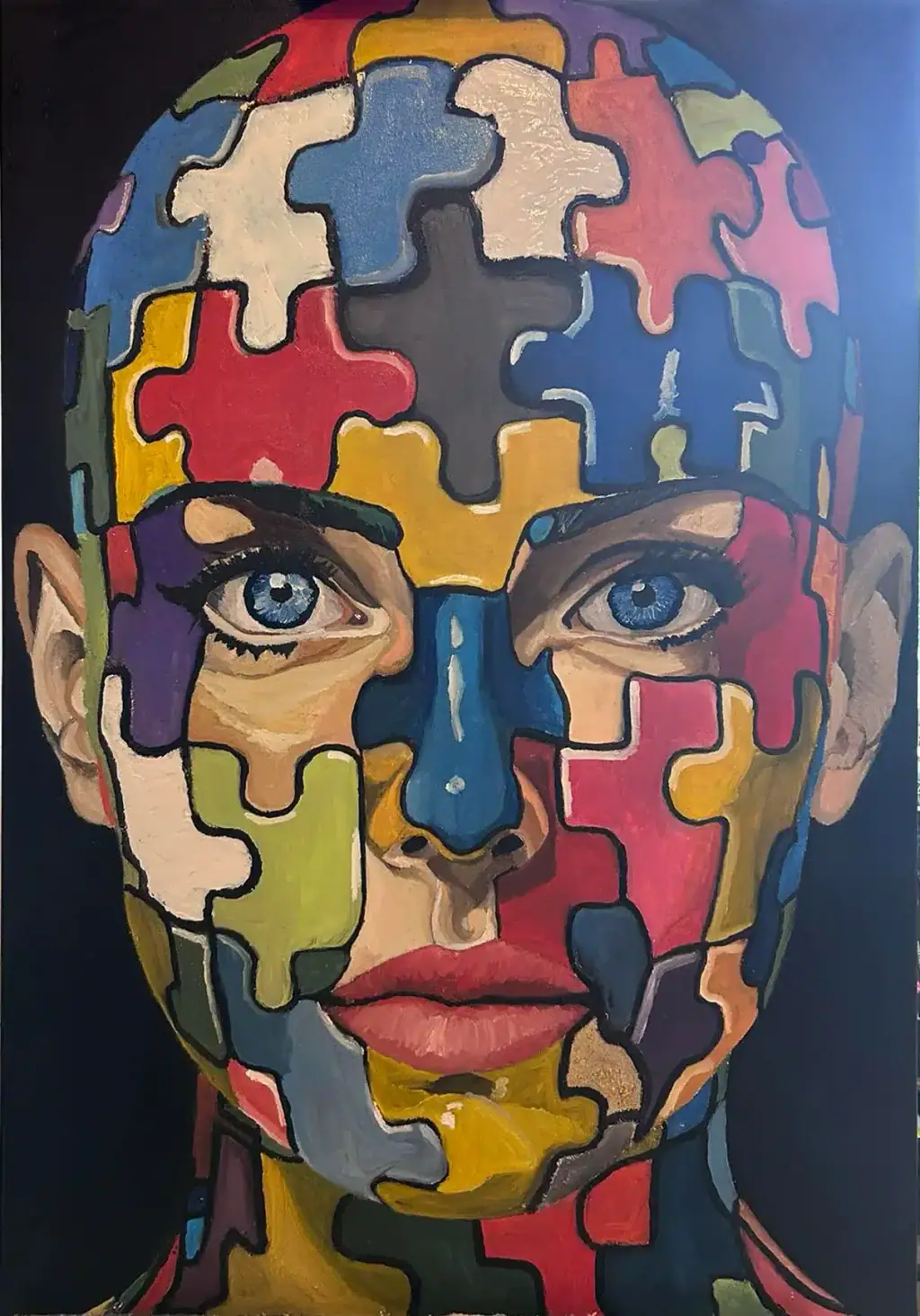 An oil portrait of a face built from colourful interlocking jigsaw-puzzle pieces in red, blue, yellow and green against a black background, with clear, realistic blue eyes at its centre.