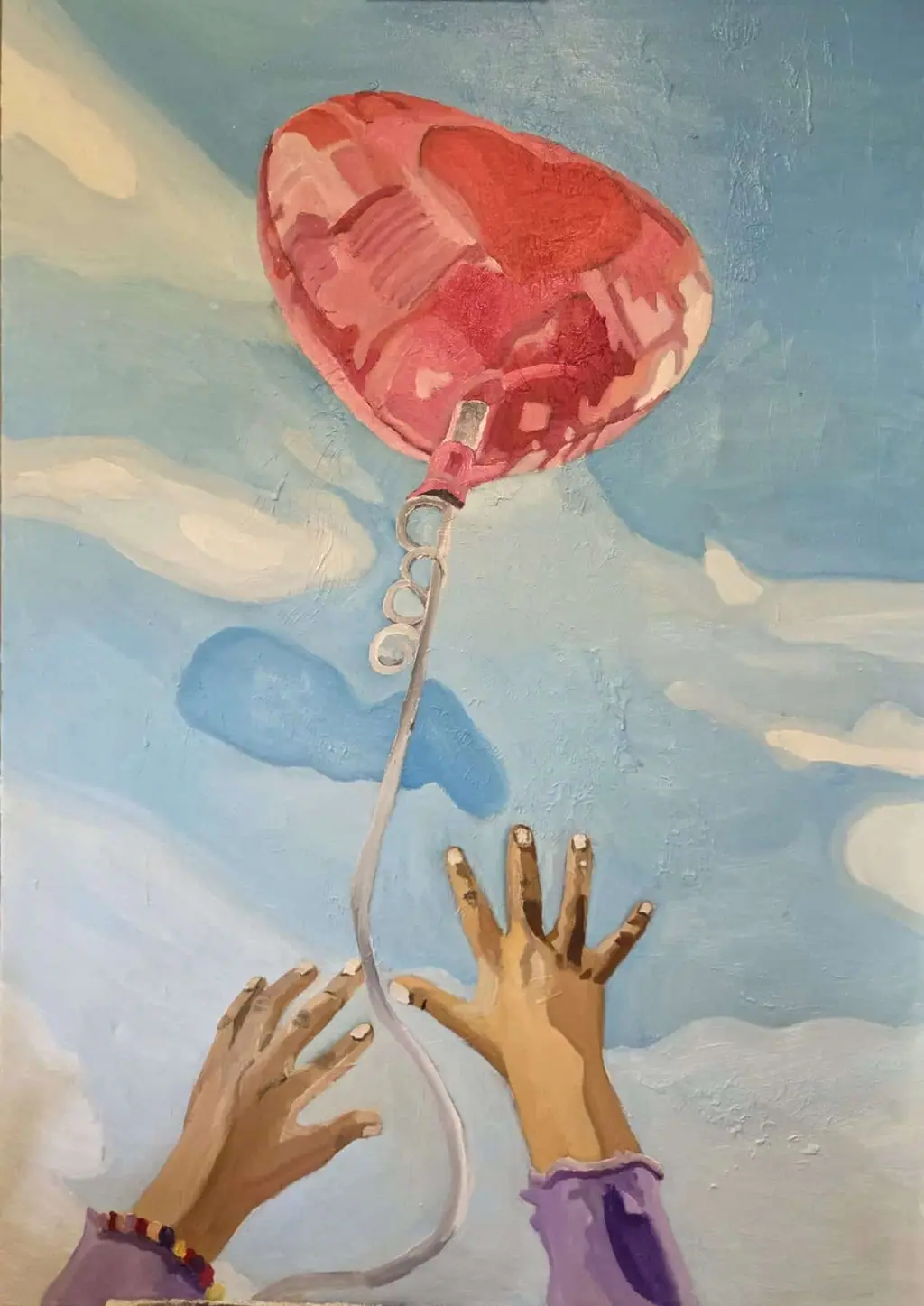 An oil painting of two open hands reaching upward against a broad blue sky, releasing a pink-and-red heart-shaped balloon that floats just beyond the fingertips, its string still trailing below.