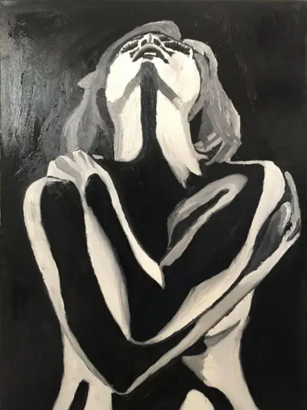 A dramatic black-and-white oil painting of a figure embracing itself, head tilted back, the luminous body emerging from a deep black background in rough, sculptural brushstrokes.