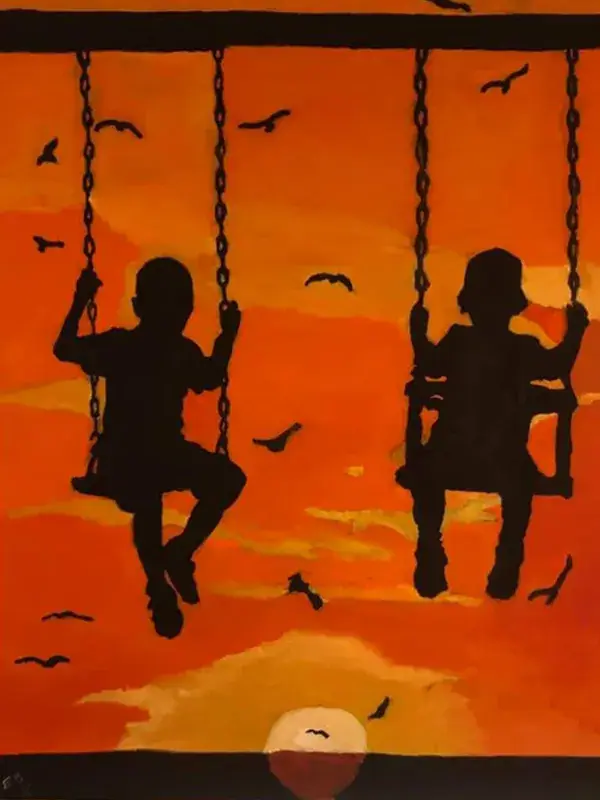 An oil painting of black silhouetted children on swings against a blazing orange-and-gold sunset, birds circling around them and a half-disc of sun rising at the bottom edge.