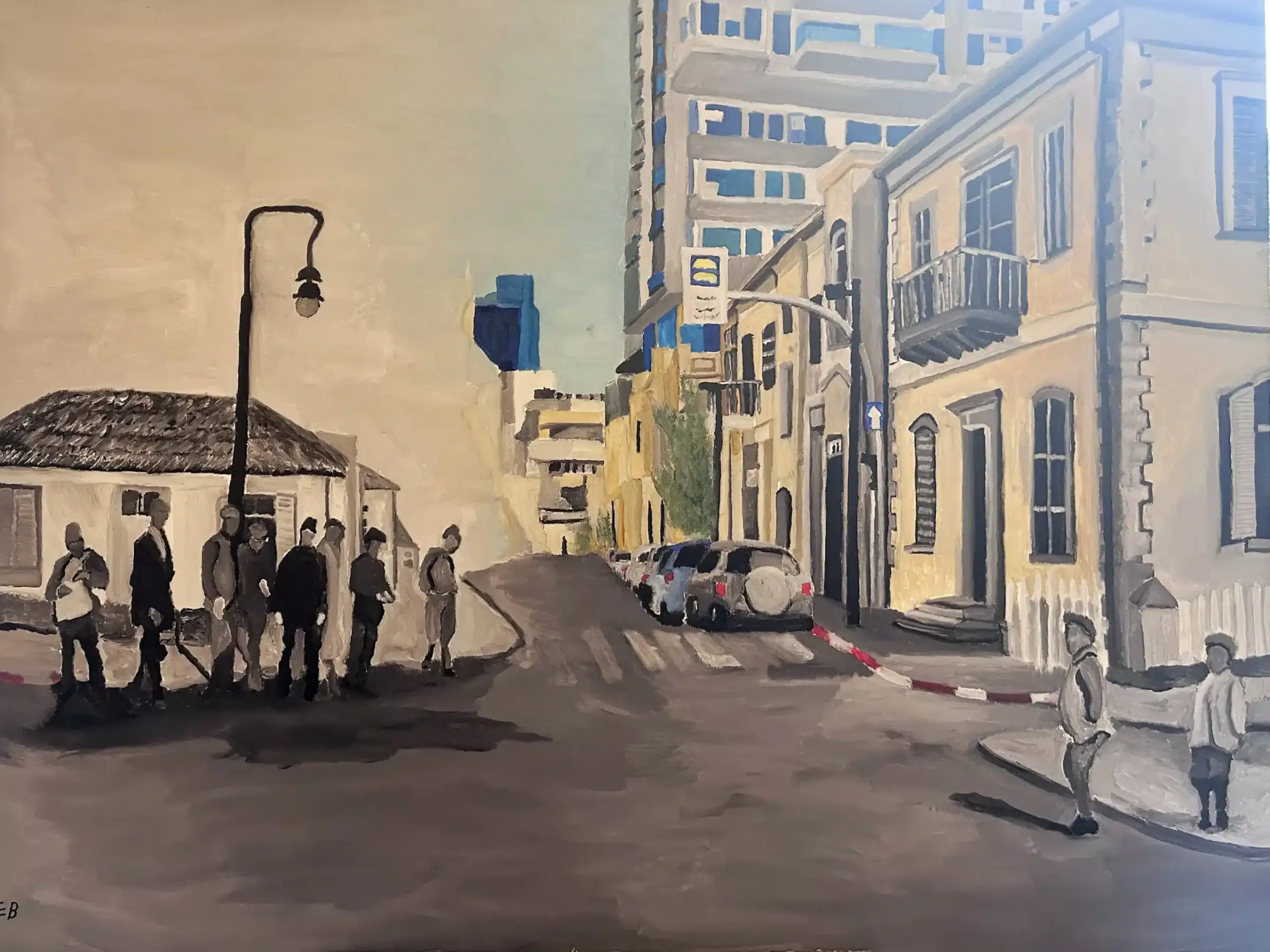 An oil cityscape of Ahad Ha'am street in Tel Aviv: on the left, dark sepia-toned figures of the city's founders in period dress; on the right, the colourful present-day street with an eclectic building, parked cars and a blue glass tower.