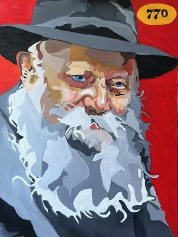 An expressive oil portrait of the Lubavitcher Rebbe against a vivid red background, painted in strong contrasts of red, black, white and blue, radiating warmth and energy.