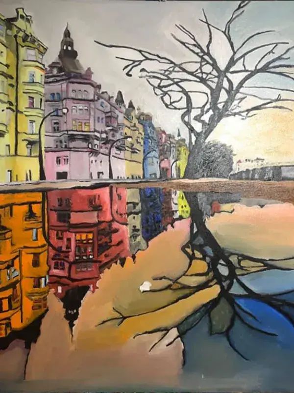 A square oil painting of a European riverbank: above, grey buildings and a bare winter tree under a pale sky; below, their reflection in the water in intense oranges, reds and blues, rendered in wavy brushstrokes.