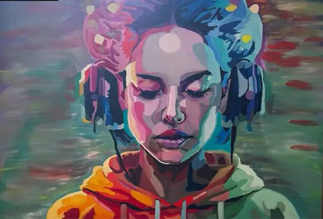 An oil portrait of a young woman wearing large headphones with her eyes closed, surrounded by intense neon purples, turquoise and orange that radiate outward like sound made visible.