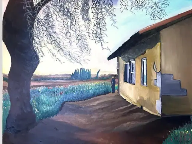 An expressive oil landscape of a Gaza-envelope kibbutz: a yellow house with a red roof, a dirt path and a blossoming field beneath a large dark weeping tree, with a lone figure standing with her back to the viewer, looking toward the horizon.