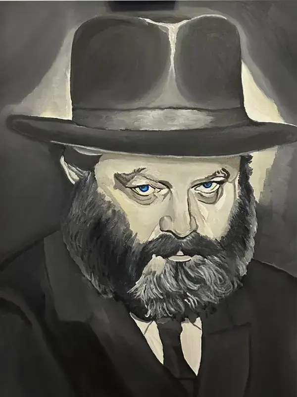 A near-monochrome oil portrait of the young Lubavitcher Rebbe in a dark hat and coat, his face sculpted in greys, with strikingly vivid electric-blue eyes that seem to look through the viewer.