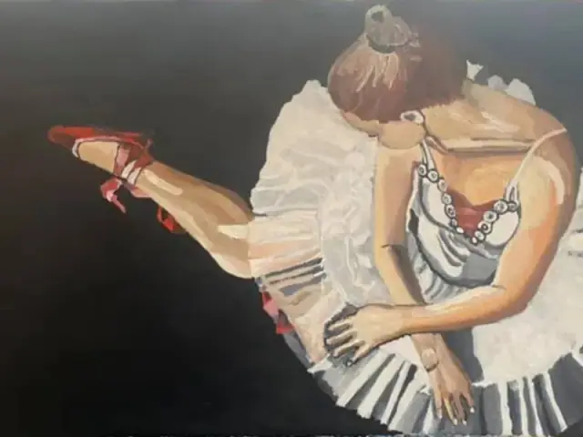 A top-down oil painting of a ballerina sitting on the floor in a white tutu, her head bowed and hands on her knees, wearing bright red pointe shoes, against a deep black background.