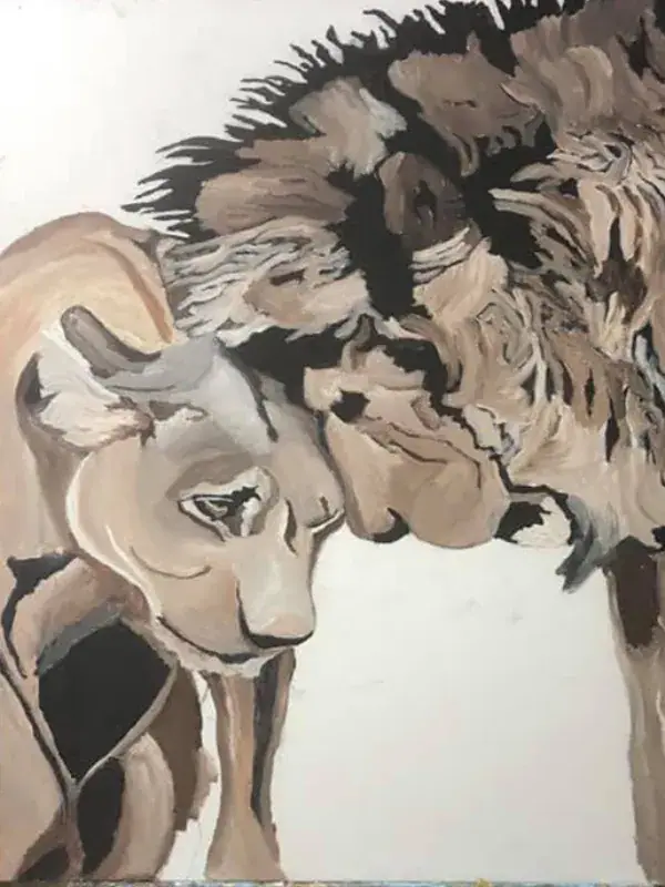 An oil painting of two lions resting forehead to forehead in a tender ceasefire, painted in warm earth tones with rough, energetic brushwork against a clean white background.
