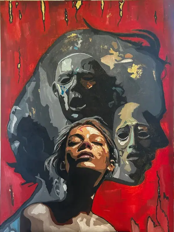 A large oil painting of a woman with closed eyes against a deep crimson field, touches of gold leaf catching the light across the surface, her expression contained and intense.