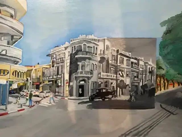 An oil cityscape of Tel Aviv's Bauhaus architecture in warm colour, with a grey black-and-white 'window' at its centre showing the same street in the past — vintage cars and Mandate-era figures — the rounded balconies linking both.