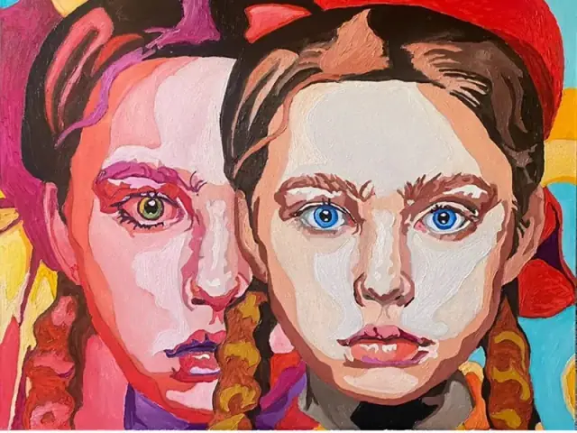 An oil double portrait of one young woman shown twice — a pale, clear-skinned figure with blue eyes and braids in front, and a fuchsia, purple and red shadow-self with a yellow-green eye pressed close behind — against a blue and yellow background.