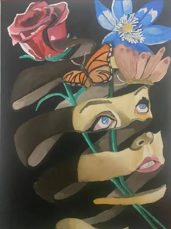 A surreal oil painting of a face unspooling into a spiral of skin against a black background, with a red rose, a blue flower and an orange butterfly bursting from the gaps, the eyes gazing upward.