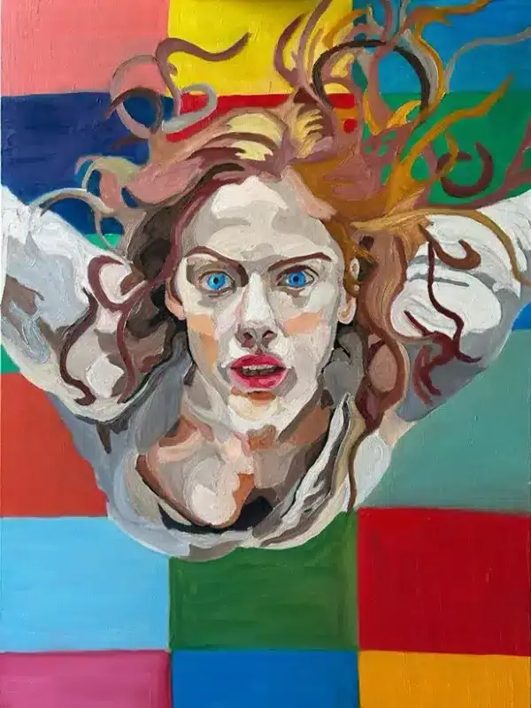 An oil painting of a woman seen from a high angle as if falling, her wide blue eyes astonished and her hair flying like flames, set against a grid of coloured squares in red, blue, green and yellow, her face built from rough blocks of colour.