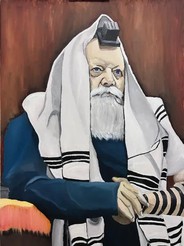An oil painting of a figure wrapped in a white prayer shawl and tefillin in a moment of quiet prayer, painted against a warm dark background with soft blue and ochre light.